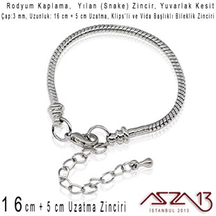 Rodyum Kaplama 16+5 cm - 3,0 mm Pirinç Yuvarlak Yılan Tip, Klipsli Bileklik Zinciri