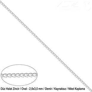 Zincir - Düz Halat Tip - Oval 2 mm - Nikel Kaplama / 1 Metre