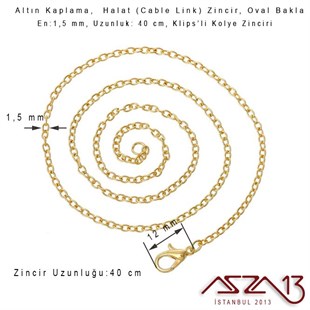 Altın  Kaplama 40 cm - 1,5 mm Pirinç Halat Tip, Klipsli Kolye Zinciri