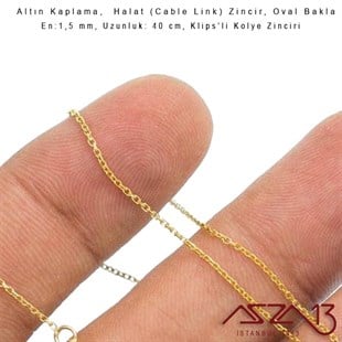 Altın  Kaplama 40 cm - 1,5 mm Pirinç Halat Tip, Klipsli Ortası Açık Kolye Zinciri