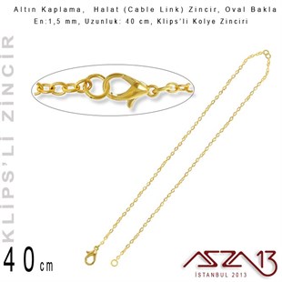 Altın  Kaplama 40 cm - 1,5 mm Pirinç Halat Tip, Klipsli Ortası Açık Kolye Zinciri