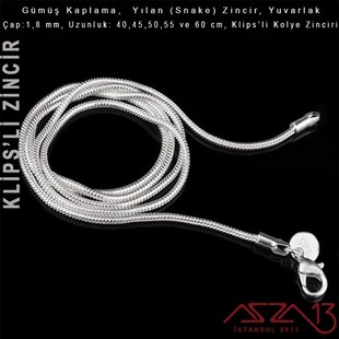 Gümüş Kaplama 40 cm - 1,8 mm Pirinç Yılan Tip, Klipsli Kolye Zinciri