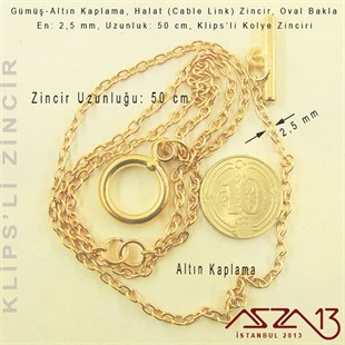Gümüş ve Altın  Kaplama 50 cm - 2,5 mm Pirinç Halat Tip, Klipsli Kolye Zinciri