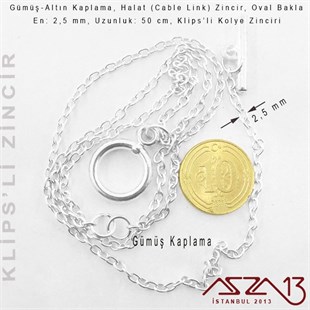 Gümüş ve Altın  Kaplama 50 cm - 2,5 mm Pirinç Halat Tip, Klipsli Kolye Zinciri