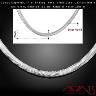 Gümüş Kaplama 60 cm - 6 mm Pirinç Yassı Yuvarlak Yılan, Klipsli Kolye Zinciri