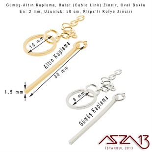 Gümüş ve Altın  Kaplama 50 cm - 2,0 mm Pirinç Halat Tip, Klipsli Kolye Zinciri