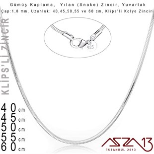 Gümüş Kaplama 40 cm - 1,8 mm Pirinç Yılan Tip, Klipsli Kolye Zinciri