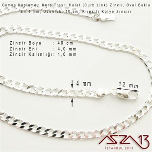 Gümüş Kaplama 40 cm - 4,0 mm Pirinç Traşlı Halat Tip, Klipsli Kolye Zinciri