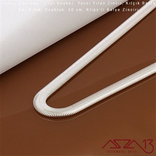 Gümüş Kaplama 50 cm - 6 mm Pirinç Yassı Yuvarlak Yılan, Klipsli Kolye Zinciri