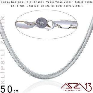 Gümüş Kaplama 50 cm - 6 mm Pirinç Yassı Yuvarlak Yılan, Klipsli Kolye Zinciri