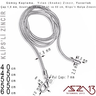Gümüş Kaplama 40 cm - 1,8 mm Pirinç Yılan Tip, Klipsli Kolye Zinciri