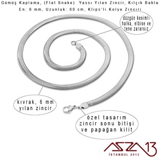 Gümüş Kaplama 60 cm - 6 mm Pirinç Yassı Yuvarlak Yılan, Klipsli Kolye Zinciri