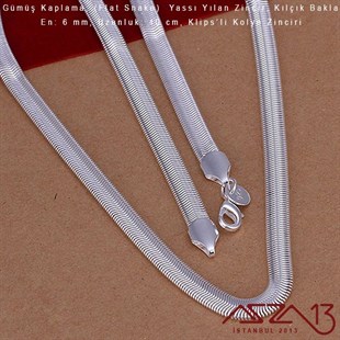 Gümüş Kaplama 40 cm - 6 mm Pirinç Yassı Yuvarlak Yılan, Klipsli Kolye Zinciri
