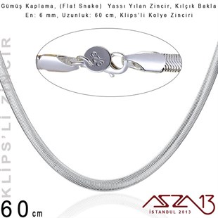 Gümüş Kaplama 60 cm - 6 mm Pirinç Yassı Yuvarlak Yılan, Klipsli Kolye Zinciri