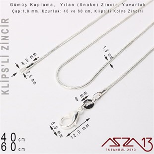 Gümüş Kaplama 40 cm - 1,8 mm Pirinç Yılan Tip, Klipsli Kolye Zinciri
