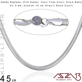 Gümüş Kaplama 45 cm - 6 mm Pirinç Yassı Yuvarlak Yılan, Klipsli Kolye Zinciri