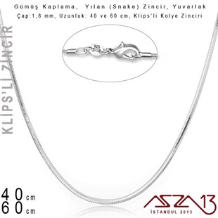 Gümüş Kaplama 40 cm - 1,8 mm Pirinç Yılan Tip, Klipsli Kolye Zinciri