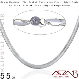 Gümüş Kaplama 55 cm - 6 mm Pirinç Yassı Yuvarlak Yılan, Klipsli Kolye Zinciri