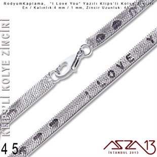 Rodyum Kaplama 45 cm - 1x4 mm Pirinç Yassı Yılan Tip - I Love You Klipsli Kolye Zinciri