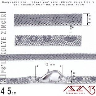 Rodyum Kaplama 45 cm - 1x4 mm Pirinç Yassı Yılan Tip - I Love You Klipsli Kolye Zinciri