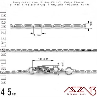 Rodyum Kaplama 45 cm - Singapur Halat ve Silindirik Top Pirinç Klipsli Kolye Zinciri