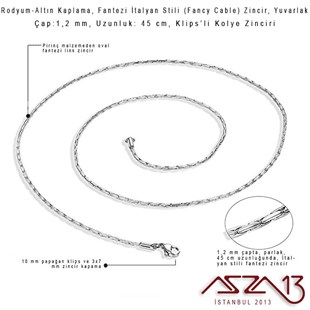 Rodyum ve Altın  Kaplama 45 cm - 1,2 mm Pirinç Fantezi Halat Tip, Klipsli Kolye Zinciri