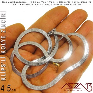 Rodyum Kaplama 45 cm - 1x4 mm Pirinç Yassı Yılan Tip - I Love You Klipsli Kolye Zinciri