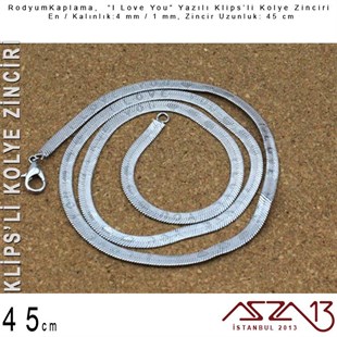 Rodyum Kaplama 45 cm - 1x4 mm Pirinç Yassı Yılan Tip - I Love You Klipsli Kolye Zinciri