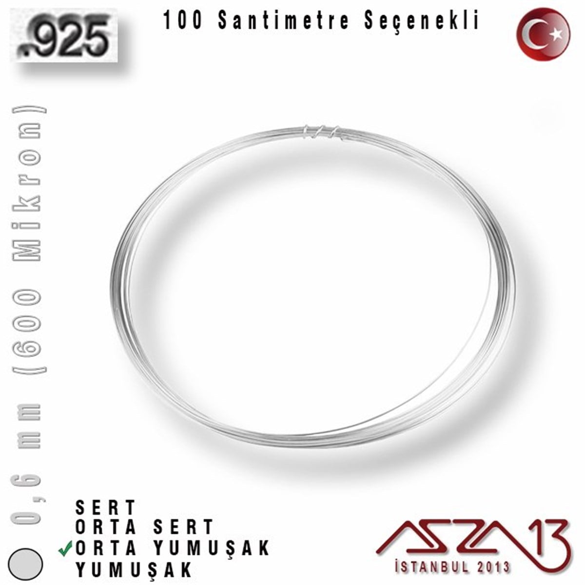 925 Ayar Gümüş TelGÜMÜŞazza13925 Ayar - 0,6 mm (600 Mikron) - Yuvarlak Gümüş Tel / 1 Metre