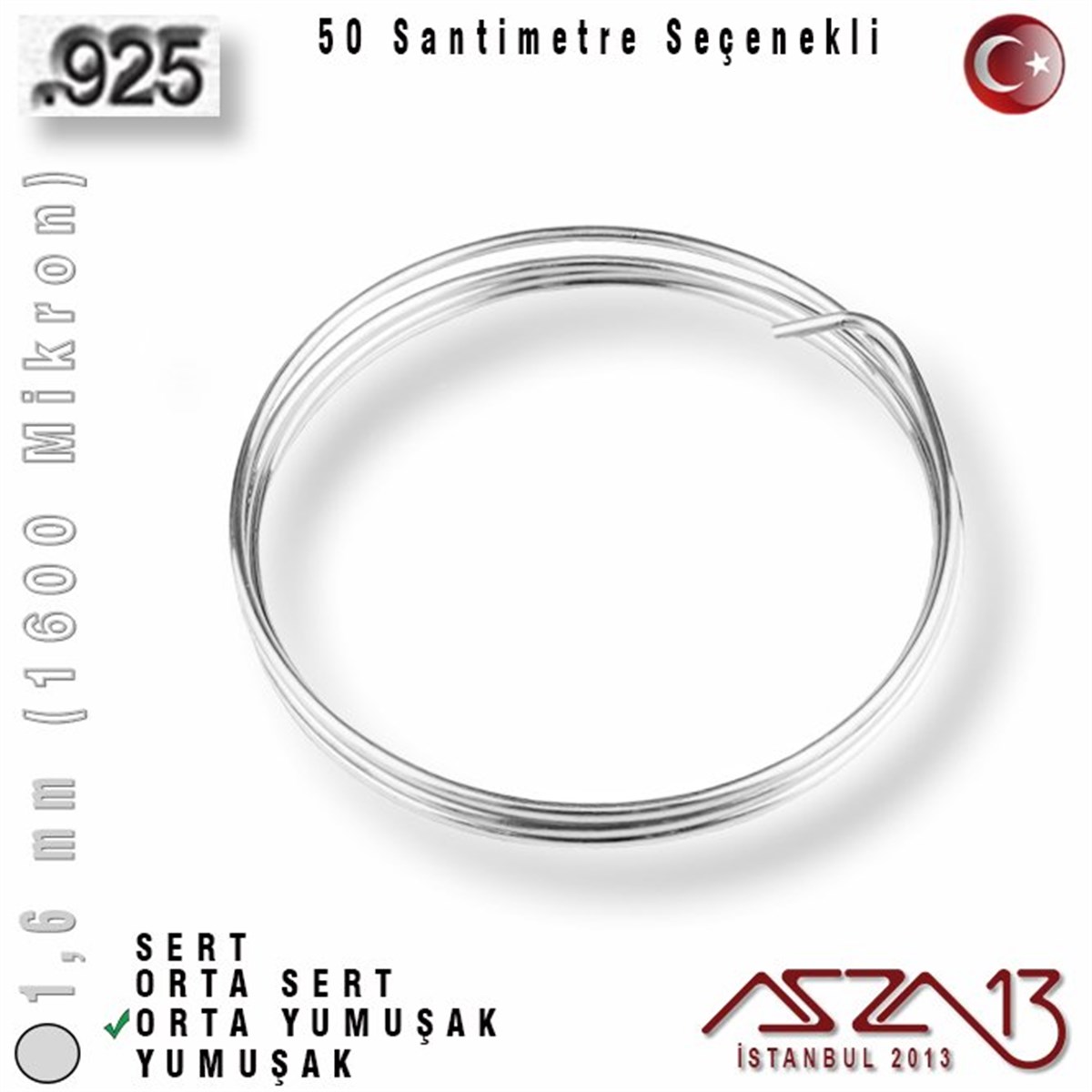 925 Ayar Gümüş TelGÜMÜŞazza13925 Ayar - 1,6 mm (1600 Mikron) - Yuvarlak Gümüş Tel / 50 Santimetre