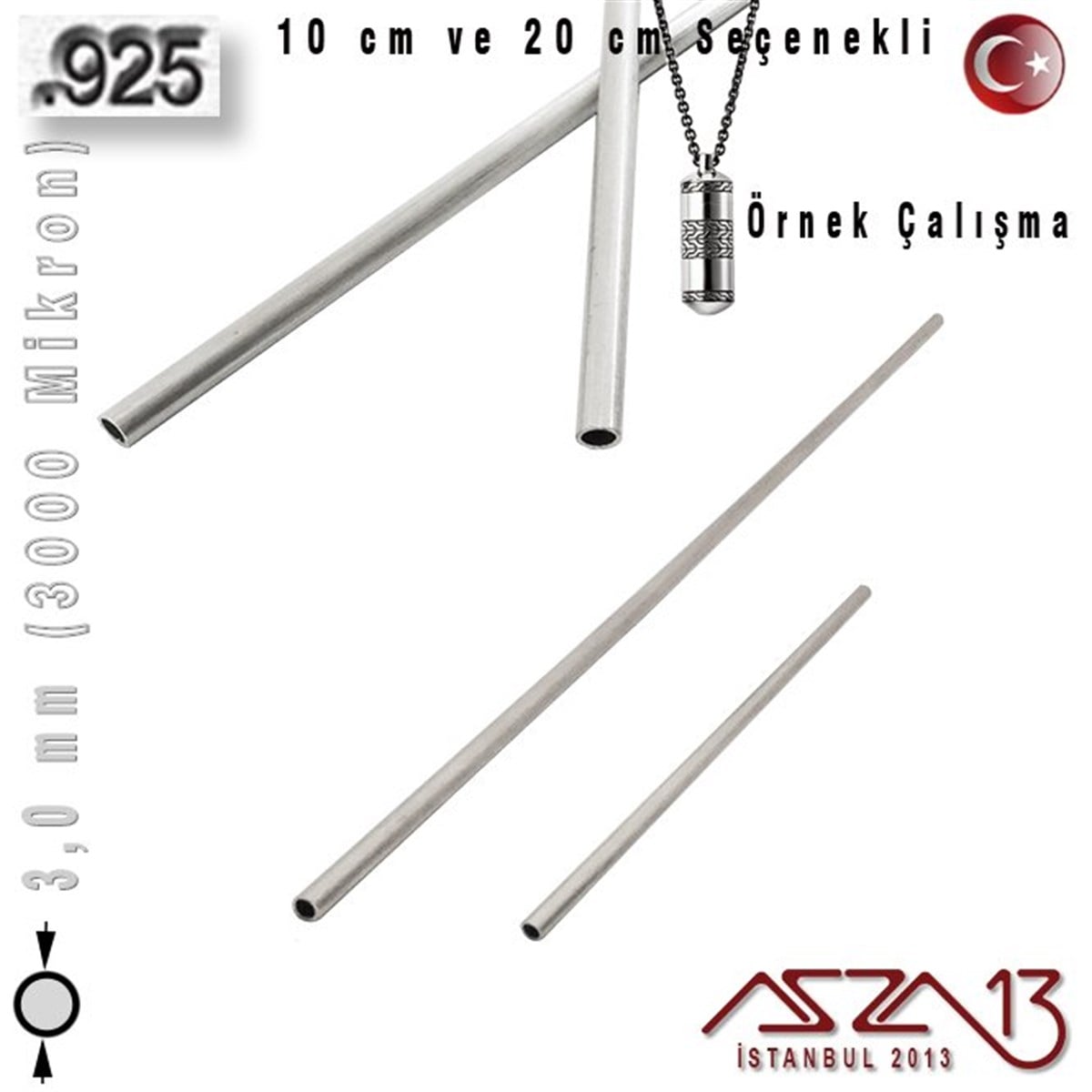 925 Ayar Gümüş TelGÜMÜŞazza13925 Ayar - 3,0 mm (3000 Mikron) Çapında - Yuvarlak Gümüş Boru / 10 ve 20 cm Seçenekli