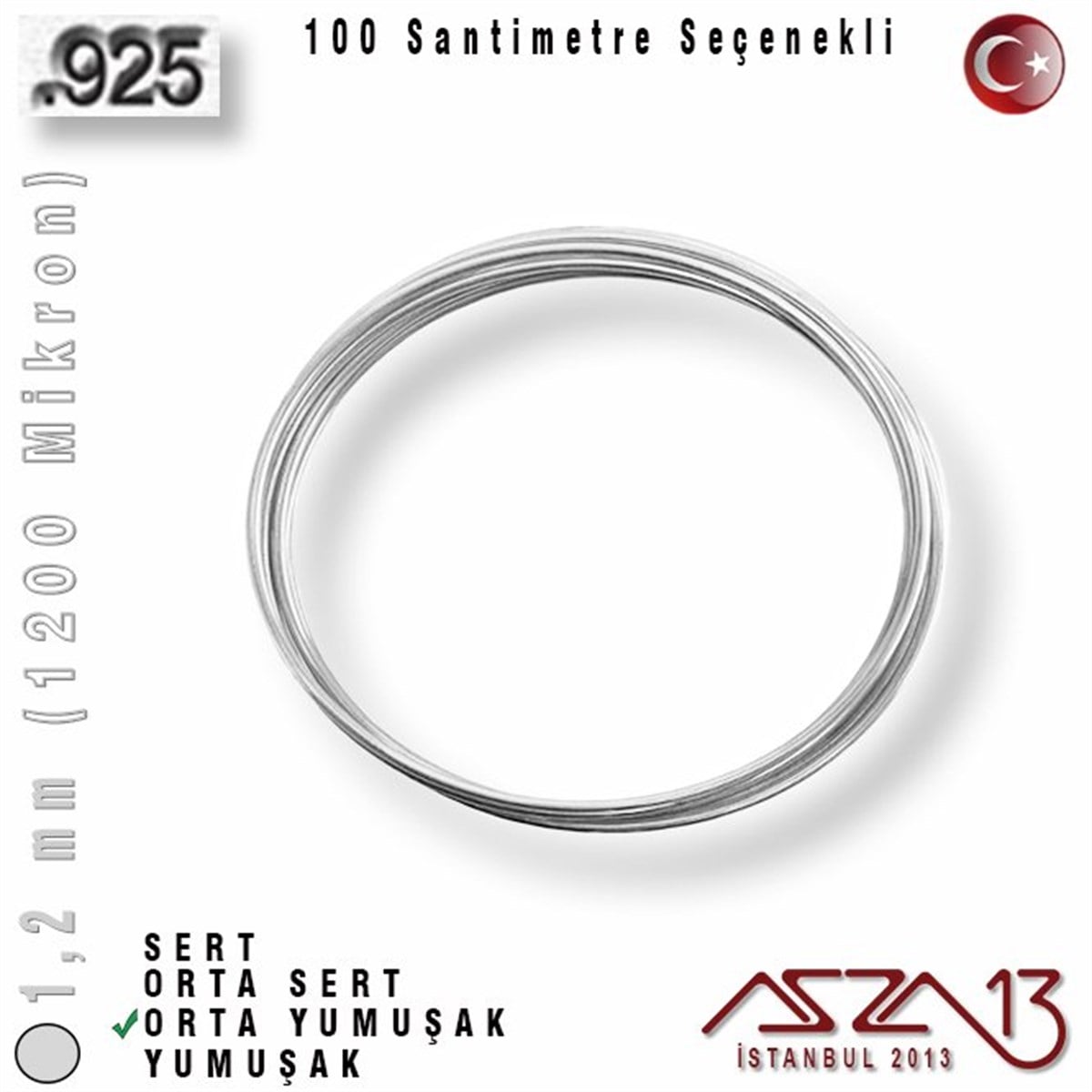 925 Ayar Gümüş TelGÜMÜŞazza13925 Ayar - 1,2 mm (1200 Mikron) - Yuvarlak Gümüş Tel / 1 Metre