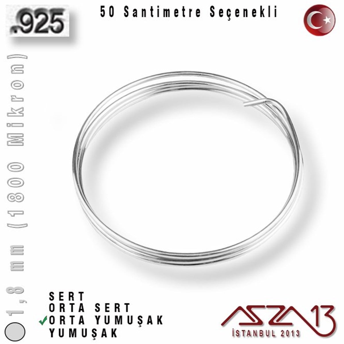 925 Ayar Gümüş TelGÜMÜŞazza13925 Ayar - 1,8 mm (1800 Mikron) - Yuvarlak Gümüş Tel / 50 Santimetre