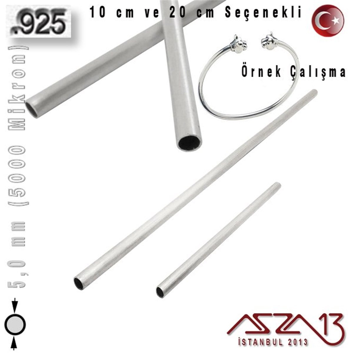 925 Ayar Gümüş TelGÜMÜŞazza13925 Ayar - 5,0 mm (5000 Mikron) Çapında - Yuvarlak Gümüş Boru / 10 ve 20 cm Seçenekli
