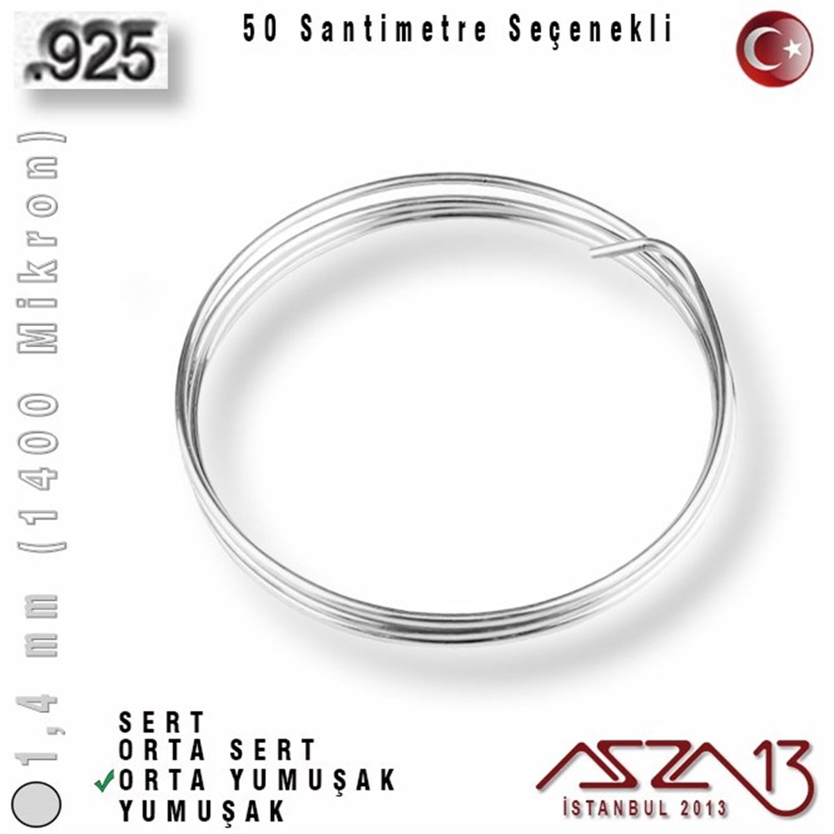 925 Ayar Gümüş TelGÜMÜŞazza13925 Ayar - 1,4 mm (1400 Mikron) - Yuvarlak Gümüş Tel / 50 Santimetre