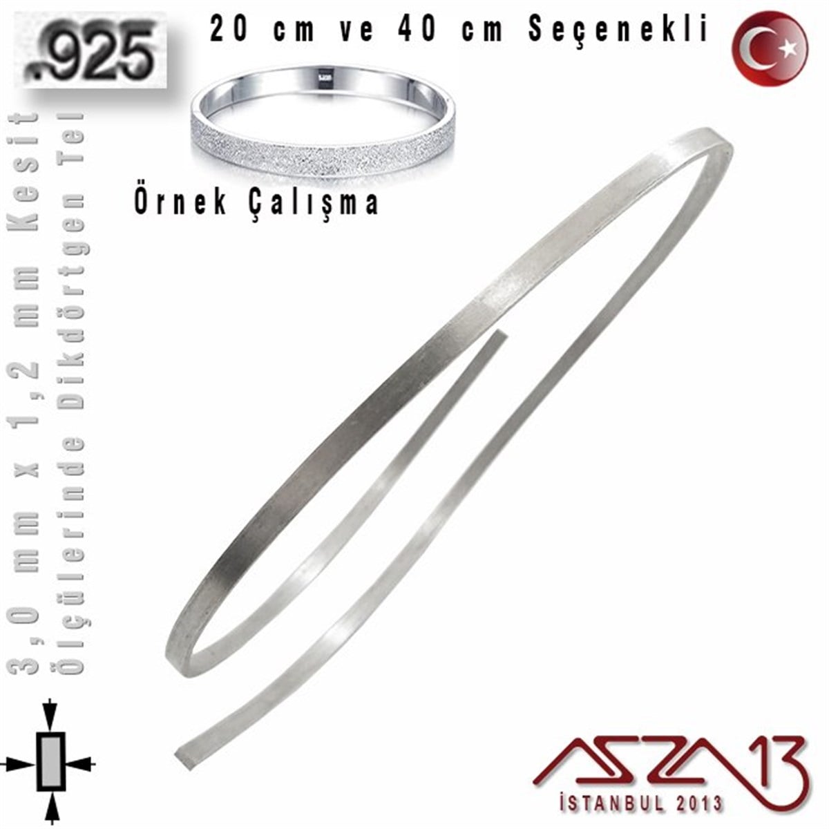 925 Ayar Gümüş TelGÜMÜŞazza13925 Ayar - 3,0 mm / 1,2 mm Ölçülerinde - Dikdörtgen Gümüş Tel / 20 ve 40 cm Seçenekli