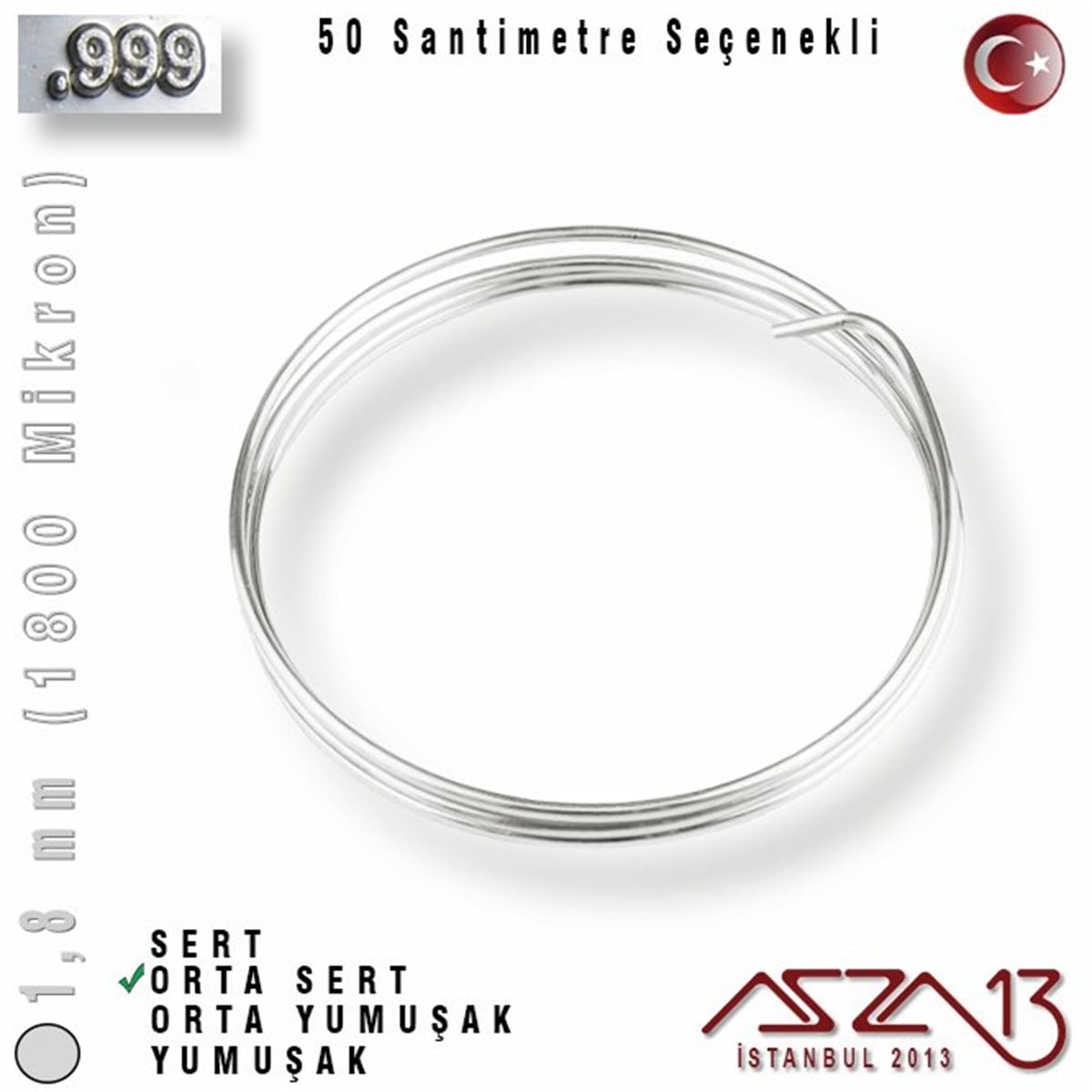 999 Ayar Gümüş TelGÜMÜŞazza13999 Ayar - 1,8 mm (1800 Mikron) - Yuvarlak Gümüş Tel / 50 Santimetre