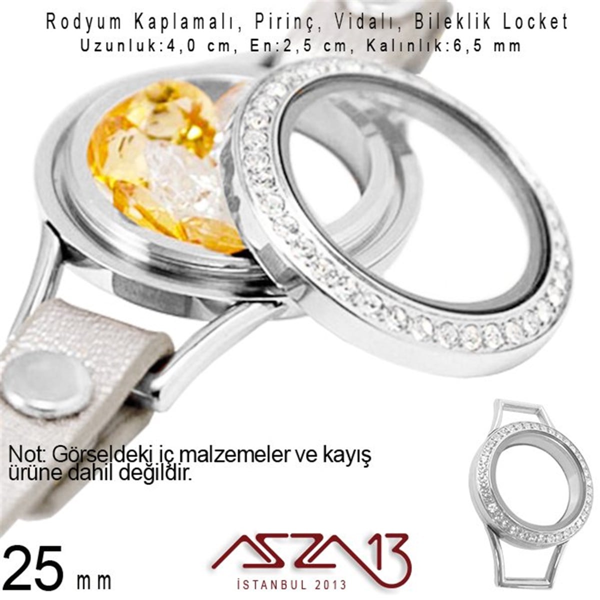Bileklik MalzemeleriTAKI MALZEMEMarkasız25 mm Rodyum, Kristal Taşlı, Yuvarlak, Vida Kilitli Bileklik Ortası (Locket Pendant)