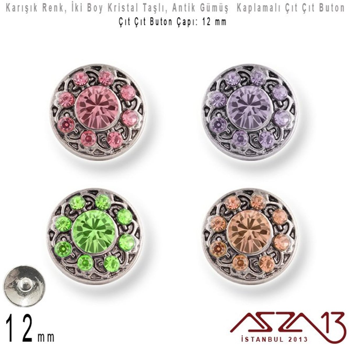 Buton MalzemeTAKI MALZEMEMarkasızAntik Gümüş Kaplamalı - 12 mm, Kristal Taş'lı - Çıt Çıt Yuva Butonu / 1 Adet