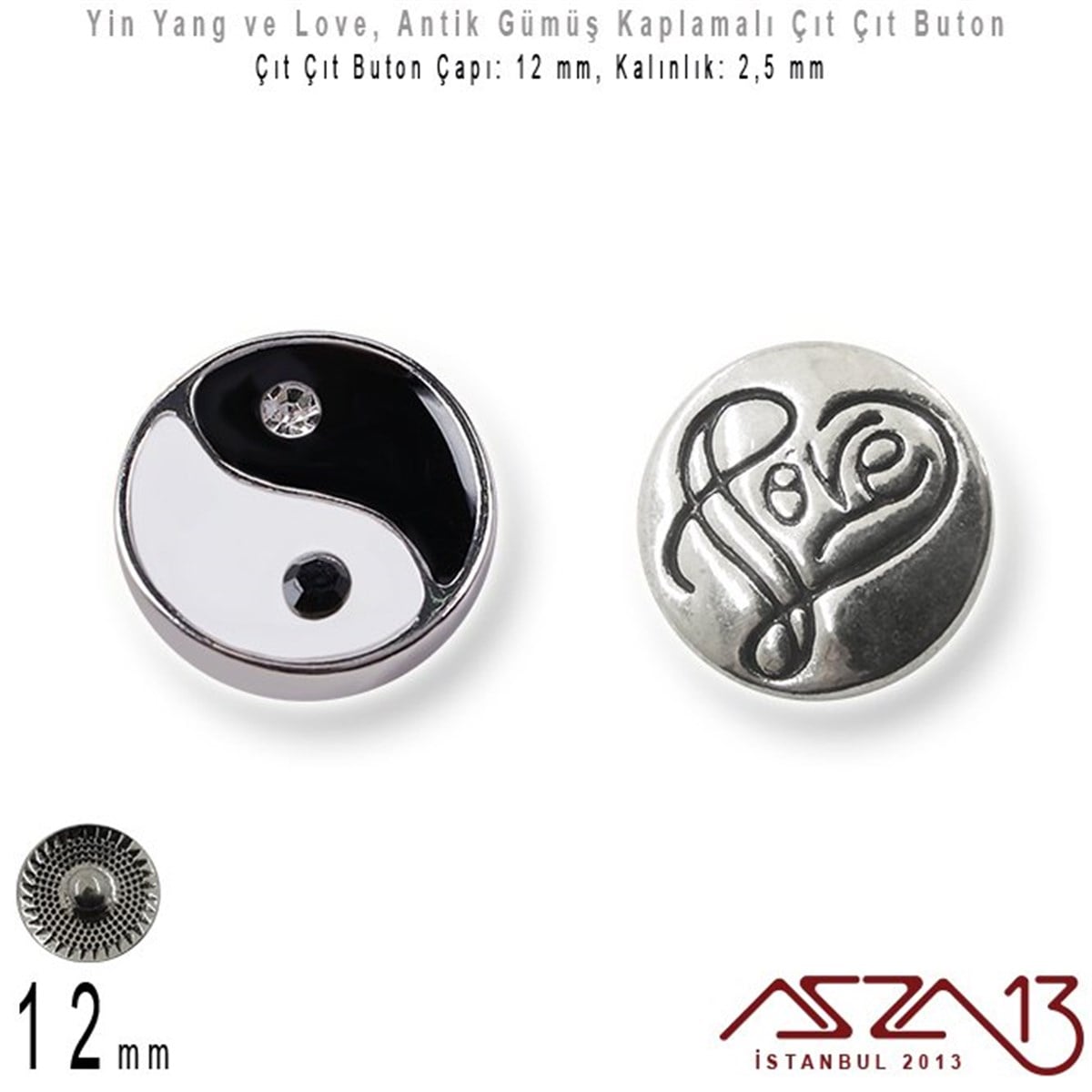 Buton MalzemeTAKI MALZEMEMarkasızAntik Gümüş Kaplamalı - 12 mm, Yüzeyi Figür'lü - Çıt Çıt Yuva Butonu / 1 Adet
