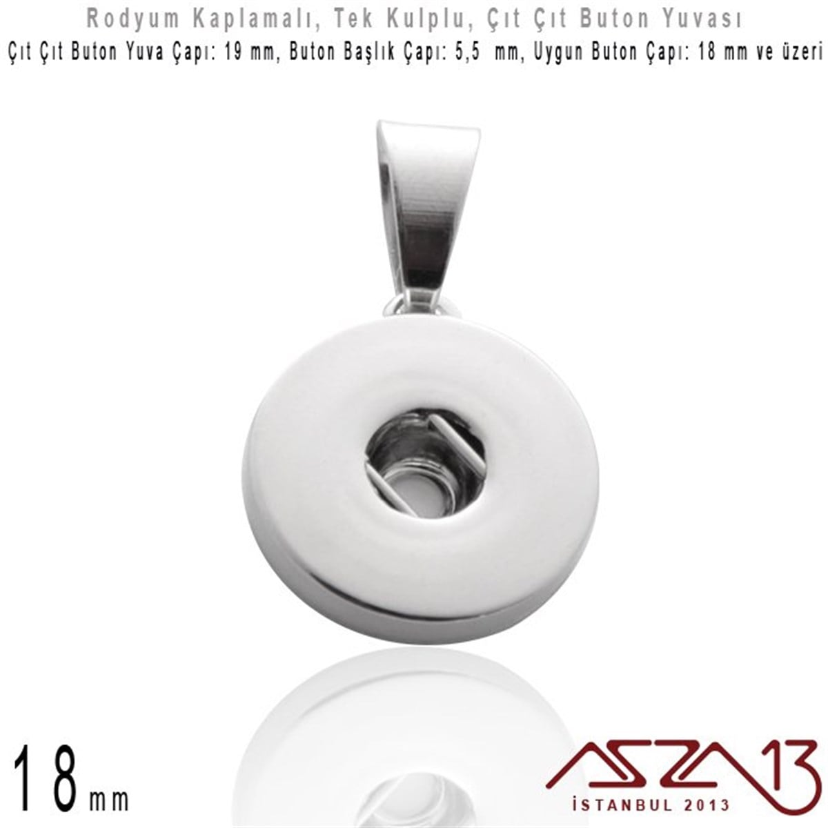 Buton MalzemeTAKI MALZEMEMarkasızRodyum Kaplamalı - 18 mm, Çıt Çıt Yuva (Snap) - Klips'li Kolye Ucu (Pendant) / 1 Adet