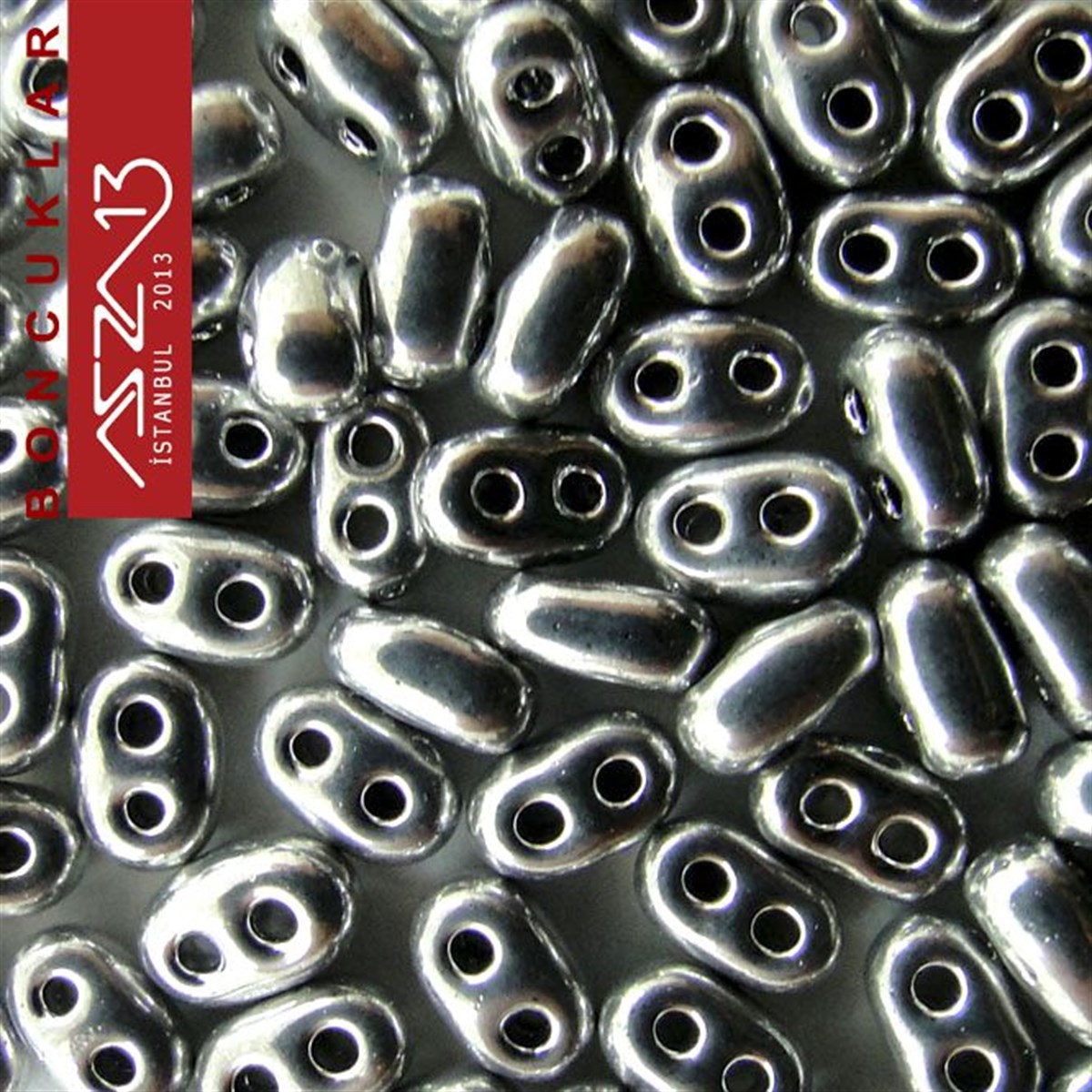 Cam Çift Delikli Twins BoncukBONCUK ve TAŞPreciosa65 Adet 2,5x5 mm Metalik Rodyum Renkli Twin Cam Boncuk (3,8 gr)