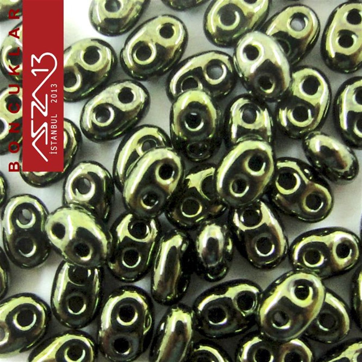 Cam Çift Delikli Twins BoncukBONCUK ve TAŞPreciosa65 Adet 2,5x5 mm Metalik Yosun Yeşil Renkli Twin Cam Boncuk (3,8 gr)