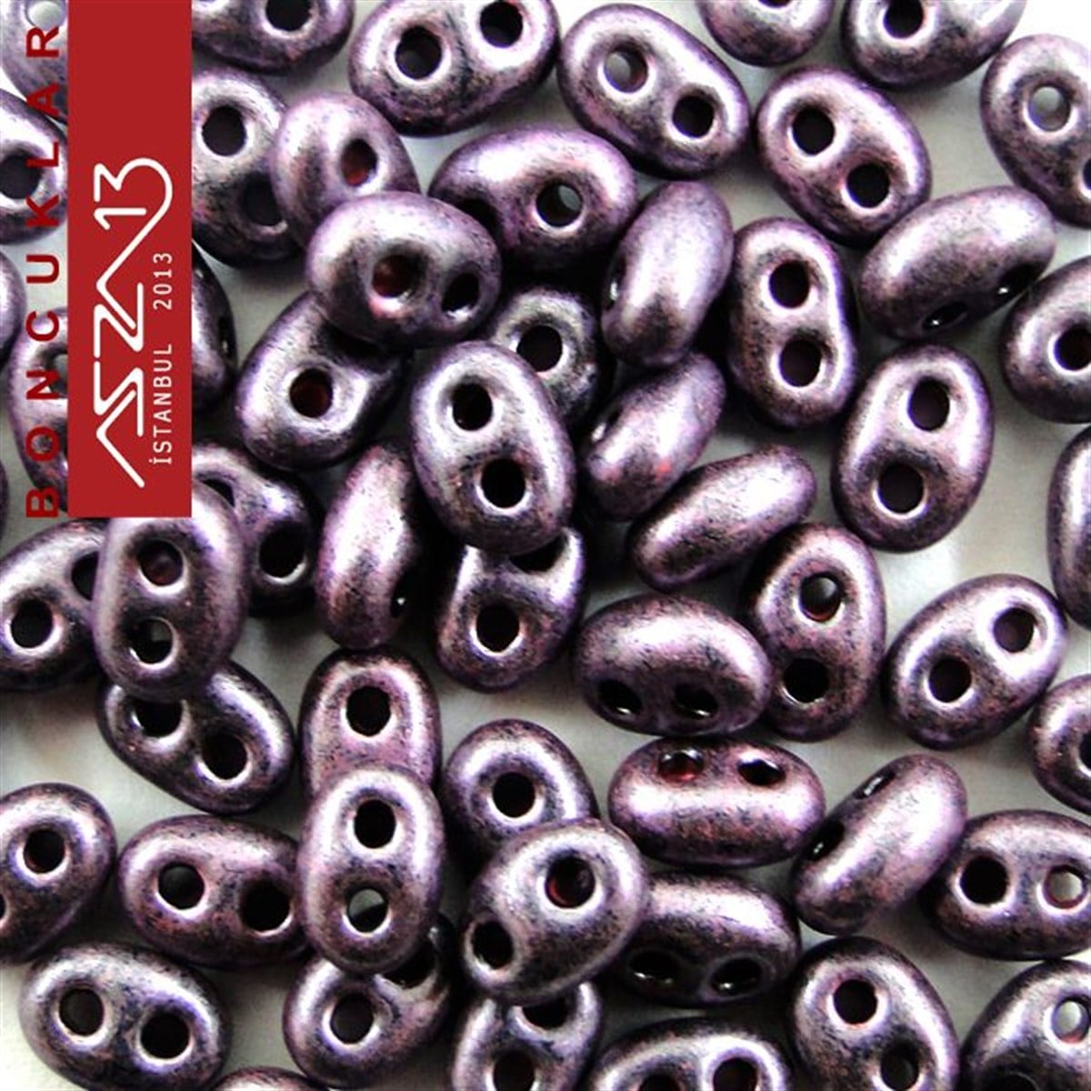 Cam Çift Delikli Twins BoncukBONCUK ve TAŞPreciosa65 Adet 2,5x5 mm Metalik Koyu Eflatun Renkli Twin Cam Boncuk (3,8 gr)