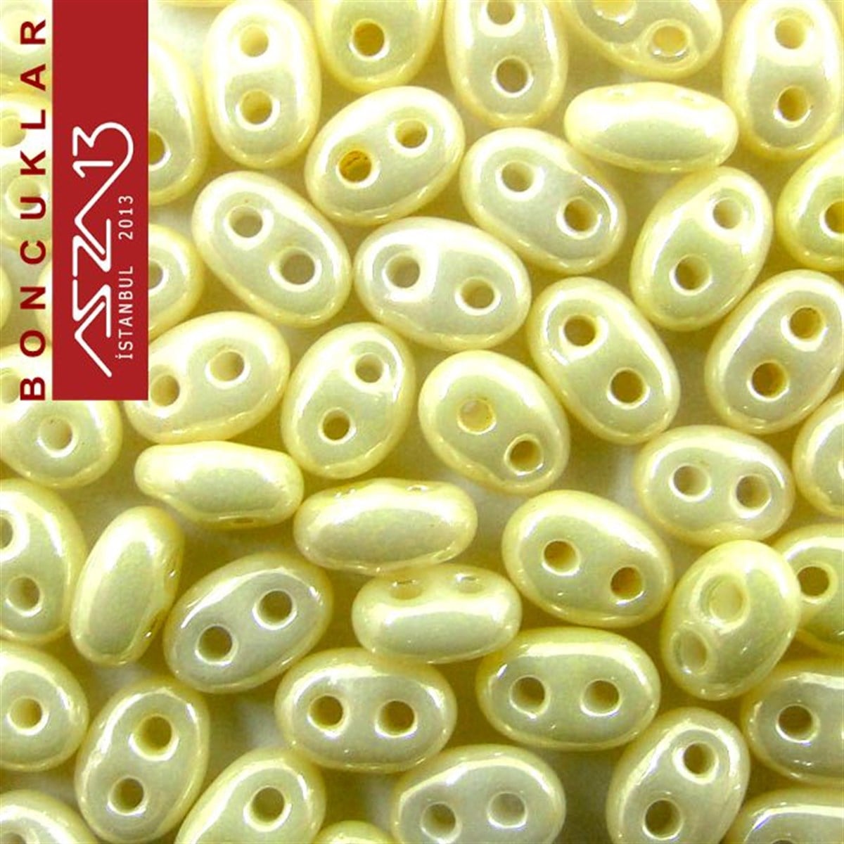 Cam Çift Delikli Twins BoncukBONCUK ve TAŞPreciosa65 Adet 2,5x5 mm Metalik Krem Renkli Twin Cam Boncuk (3,8 gr)