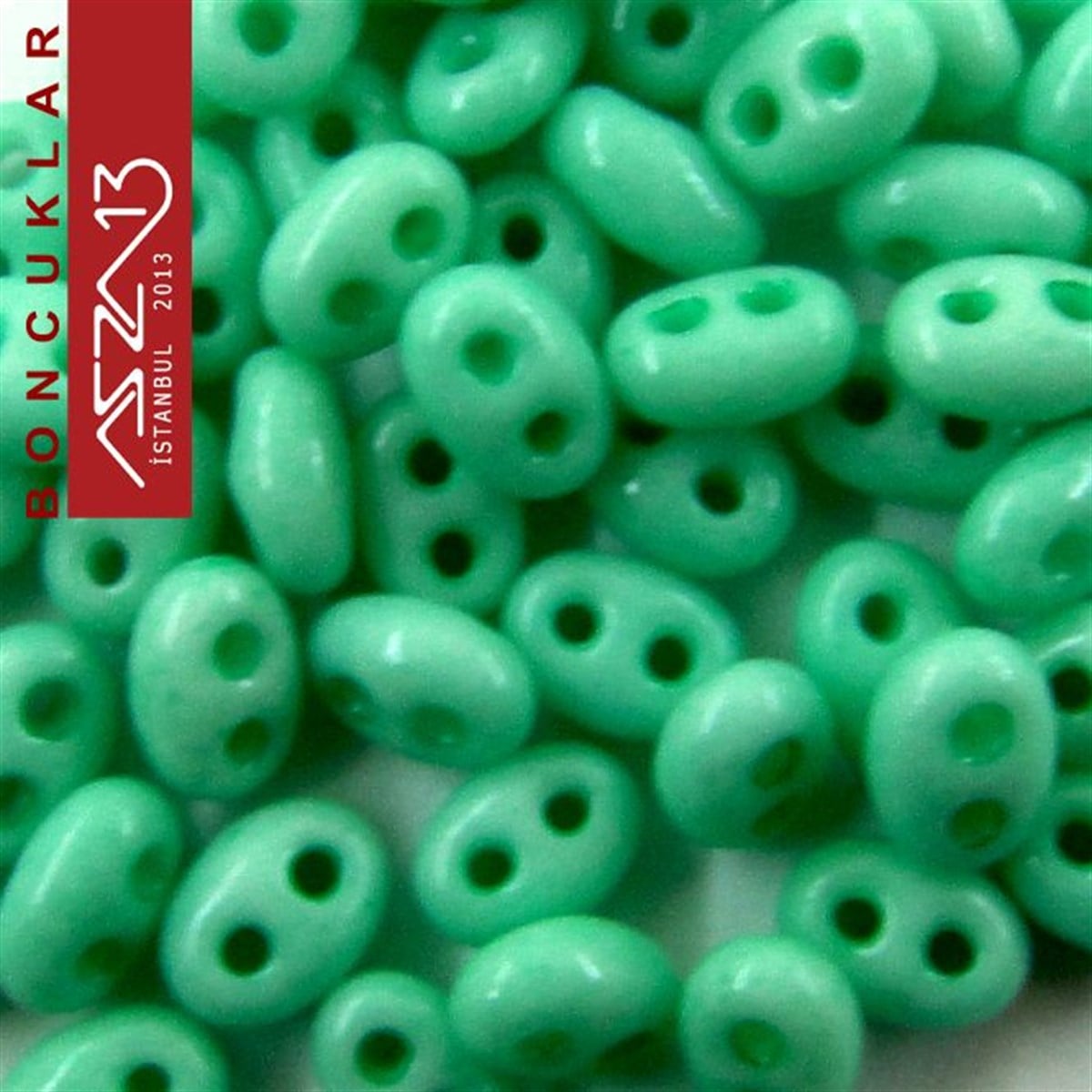 Cam Çift Delikli Twins BoncukBONCUK ve TAŞPreciosa65 Adet 2,5x5 mm Yeşil Renkli Twin Cam Boncuk (3,8 gr)