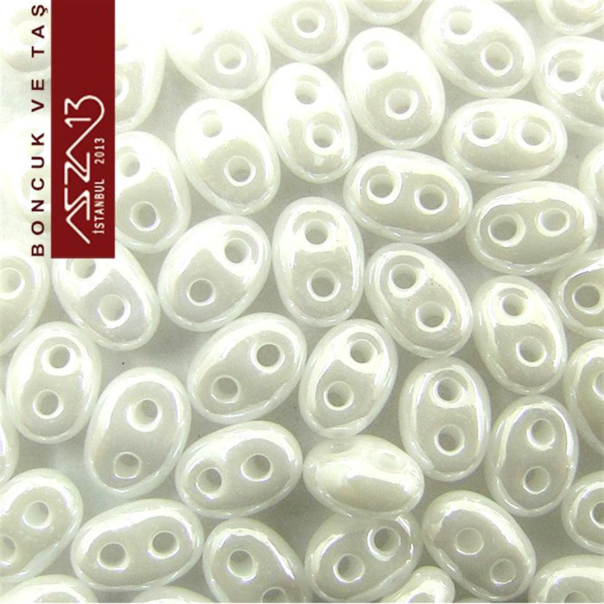 Cam Çift Delikli Twins BoncukBONCUK ve TAŞPreciosa65 Adet 2,5x5 mm Metalik Beyaz Renkli Twin Cam Boncuk (3,8 gr)