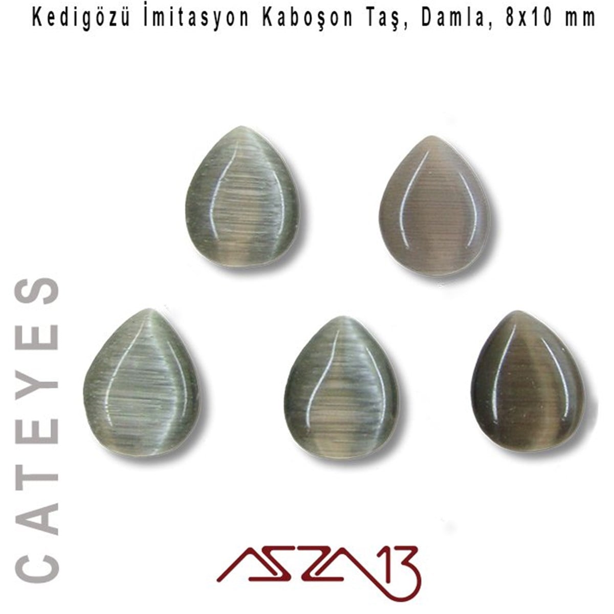 Cam Kaboşon TaşKaboşon ve CameoMarkasızGri Renk Kedigözü 8x10/3 mm Damla İmitasyon Cam Kaboşon / Paket İçeriği 5 Adet