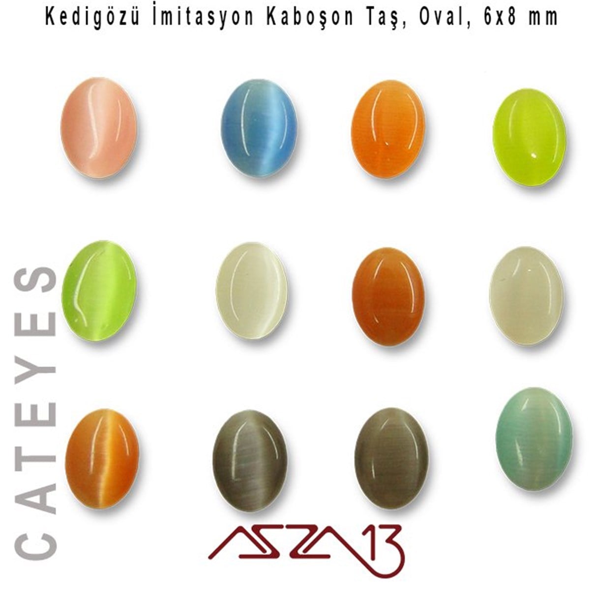 Cam Kaboşon TaşKaboşon ve CameoMarkasızPembe-Yeşil Renk Kedigözü 6x8/2,5 mm Oval İmitasyon Cam Kaboşon / Paket İçeriği 12 Adet