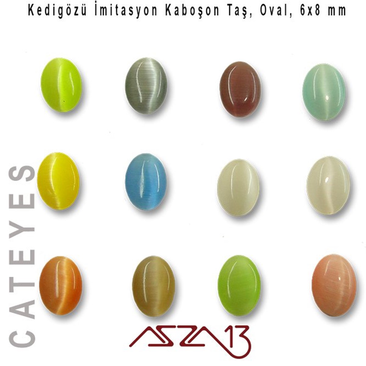 Cam Kaboşon TaşKaboşon ve CameoMarkasızYeşil-Sarı Renk Kedigözü 6x8/2,5 mm Oval İmitasyon Cam Kaboşon / Paket İçeriği 12 Adet